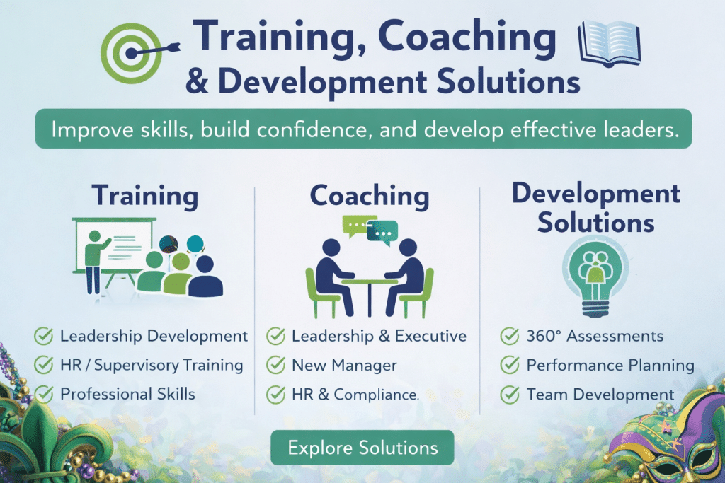 Training, coaching, and development solutions including leadership training and performance planning