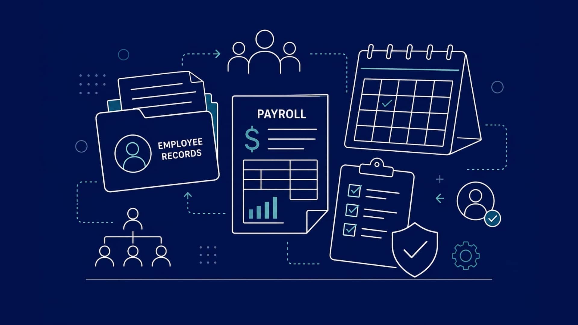 HR operations illustration showing payroll, employee records, scheduling, and workforce management